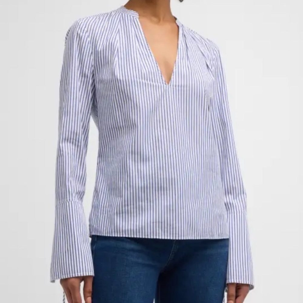 Derek Lam Blue and White Striped Lila Blouse with Bell Sleeve